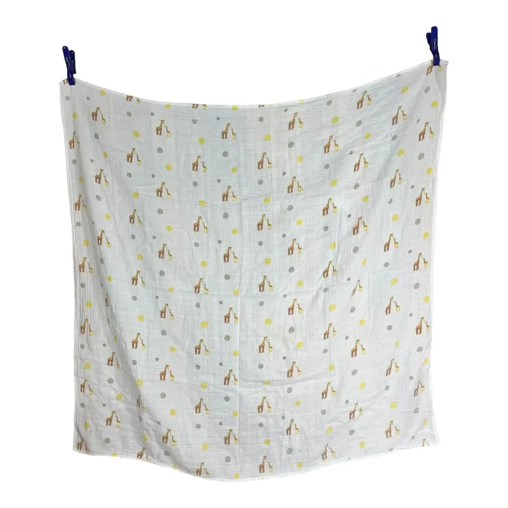 Bear Hugs Giraffe Polka Dot Muslin Swaddle Baby Blanket Yellow Gray Mommy & Me